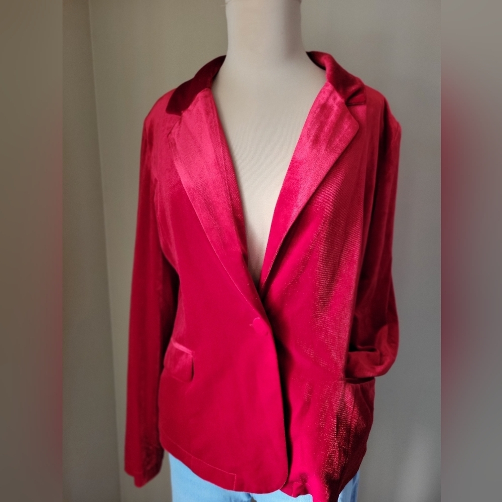 MNI Red Velvet Boyfriend Blazer Jacket - Size Large - Picture 2 of 11